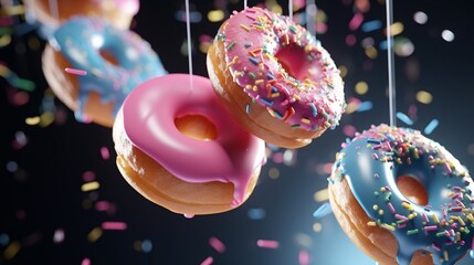 An HD close-up of multicolored doughnuts in mid-air, set against a sleek and modern silver background