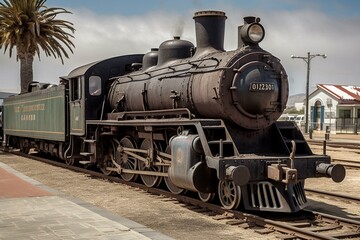 Fototapeta na wymiar Old locomotive getting ready to leave Swakopmund station along Namibia's western coast. Generative AI