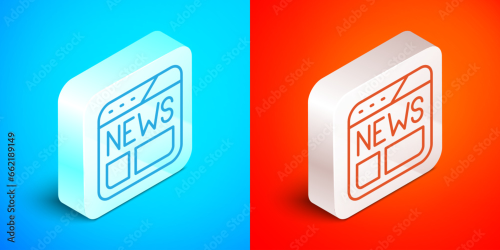 Sticker Isometric line News icon isolated on blue and red background. Newspaper sign. Mass media symbol. Silver square button. Vector