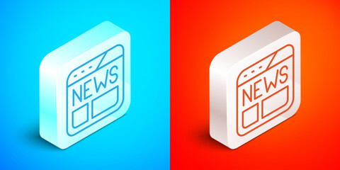 Isometric line News icon isolated on blue and red background. Newspaper sign. Mass media symbol. Silver square button. Vector
