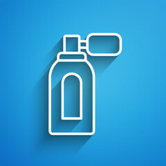 White line Aftershave bottle with atomizer icon isolated on blue background. Cologne spray icon. Male perfume bottle. Long shadow. Vector