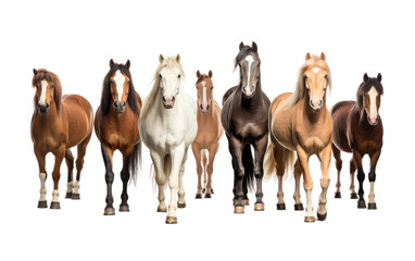 Walking Colorful Different Horse Breeds Collection Isolated on Transparent Background PNG.