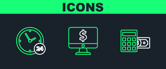 Set line Calculator with dollar symbol, Clock 24 hours and Computer monitor icon. Vector