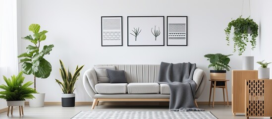 Real photo of posters in bright living room interior with plants and patterned carpet above a grey settee With copyspace for text