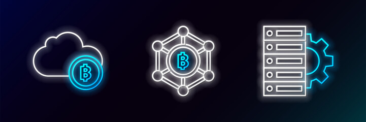 Set line Server and gear, Cryptocurrency cloud mining and Blockchain technology Bitcoin icon. Glowing neon. Vector