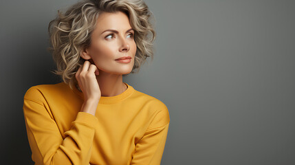 Portrait of a beautiful blonde woman in a yellow sweater on a gray background - obrazy, fototapety, plakaty