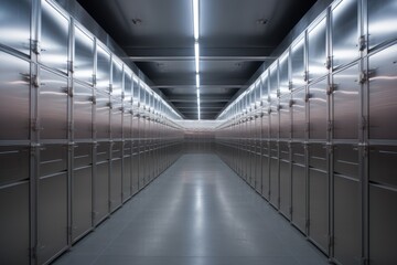 Steel cells refrigerators where the deceased are kept in the morgue. Generative Ai