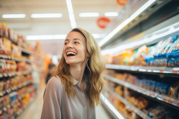 Happy young woman shopping in the supermarket. Generative Ai