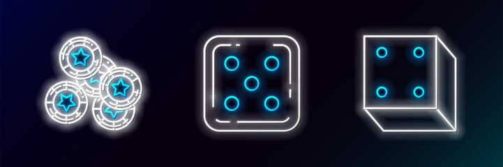 Set line Game dice, Casino chips and icon. Glowing neon. Vector