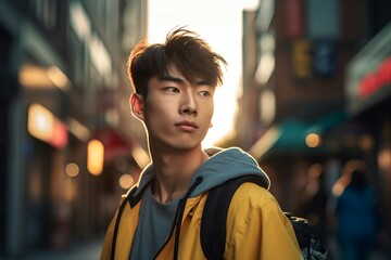 Fototapeta premium Korean male model on street. Asian fashion handsome guy in illuminated street. Generate ai