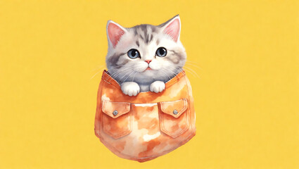 Cute cat is in a pocket on a yellow background