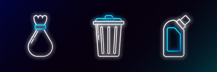 Set line Plastic bottles for liquid dishwashing liquid, Garbage bag and Trash can icon. Glowing neon. Vector