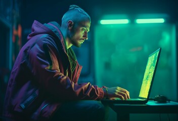 Fototapeta premium Male cyberpunk working on laptop. Technology programmer using internet network. Generate ai