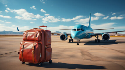 Suitcase in front of the plane at the airport, vacation, relocation, traveler suitcases in airport terminal waiting area, Suitcases in airport.Travel concept, summer vacation concept - obrazy, fototapety, plakaty