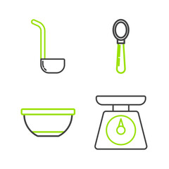 Set line Scales, Bowl, Spoon and Kitchen ladle icon. Vector