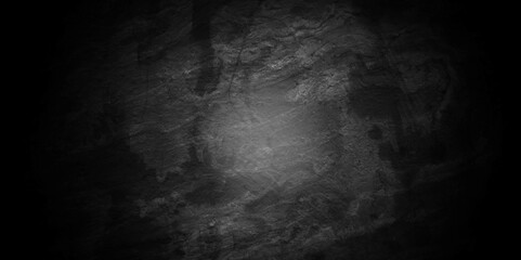 Black stone wall texture grunge rock surface. dark gray concrete background backdrop. wide panoramic banner. old wall stone for dark black distressed grunge background wallpaper rough concrete wall. - obrazy, fototapety, plakaty