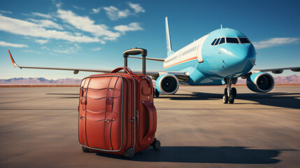 Fototapeta na wymiar Suitcase in front of the plane at the airport, vacation, relocation, traveler suitcases in airport terminal waiting area, Suitcases in airport.Travel concept, summer vacation concept