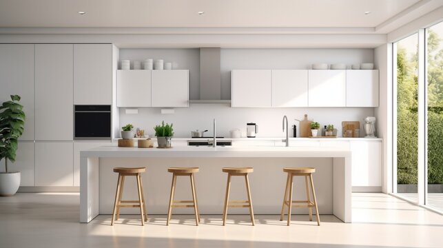Generate an HD photo of a contemporary white-themed kitchen space, featuring a well-organized layout and stylish design elements. generated by AI