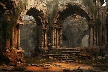 Crumbling ruins whisper tales of an enigmatic past. - obrazy, fototapety, plakaty