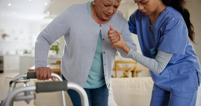 Elderly care, support and helping woman to sofa with frame for walking in retirement and home. Senior, caregiver and lady with healthcare, nurse and physio therapist in living room with walker