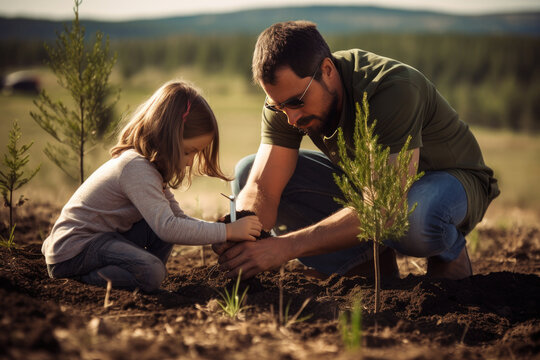 padre joven con su hija plantado arboles en el campo. Concepto de ecolog&iacute;a, dia de la tierra,  planeta, dia del padre