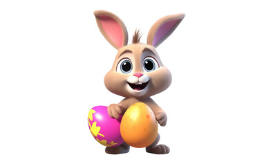 Standing Cute Easter Bunny with Colorful Egg 3D Cartoon Isolated on Transparent Background PNG.
