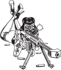 Retro pin-up style girl aiming sniper rifle
