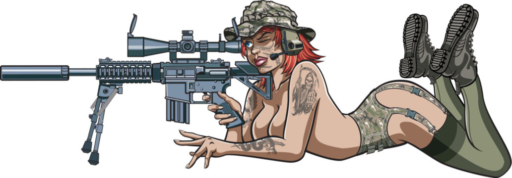 pin-up style military sniper girl aiming rifle