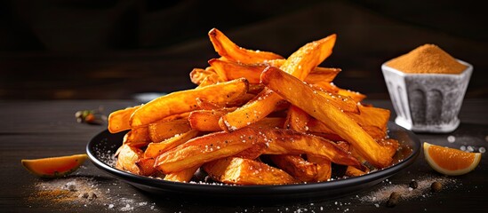 Orange sweet potato fries seasoned with salt and pepper made at home With copyspace for text - obrazy, fototapety, plakaty