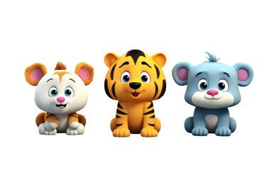 Colorful Elephant Tiger Bear Seahorse Butterfly 3D Cartoon Animals Isolated on Transparent Background PNG.