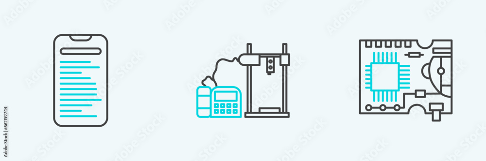 Poster set line printed circuit board pcb, computer api interface and 3d printer icon. vector