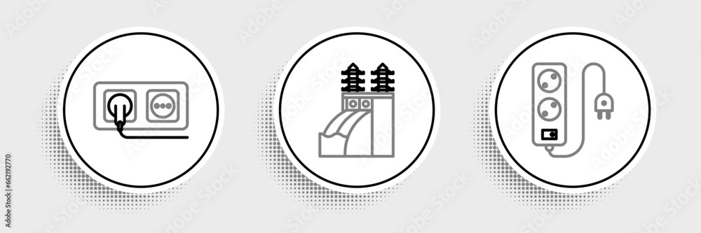 Poster Set line Electric extension cord, Electrical outlet and Nuclear power plant icon. Vector