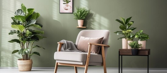 Photo of a stylish living room with plants wall poster gold chair and d cor with candles With copyspace for text