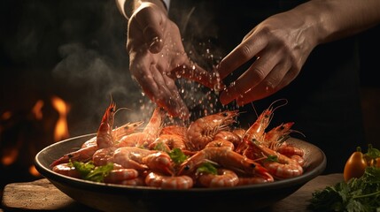 A close-up shot capturing the hands of a skilled cook as they season a dish of plump, juicy shrimps...