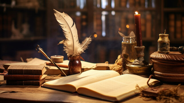 The philosopher's desk with quill and parchment, philosophy, blurred background