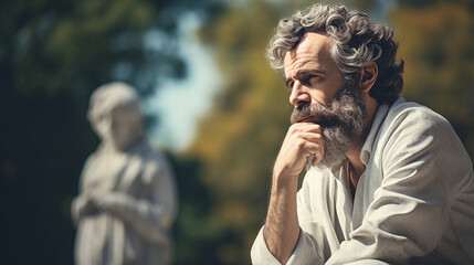 A philosopher's thoughtful expression, philosophy, blurred background