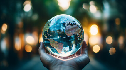 Fototapeta premium Hands holding a globe, symbolizing global philosophy, philosophy, blurred background