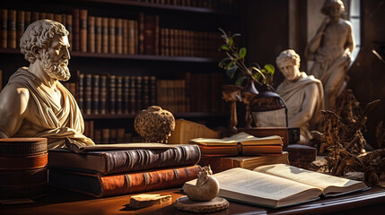 A philosopher's study with classical artifacts, philosophy, blurred background