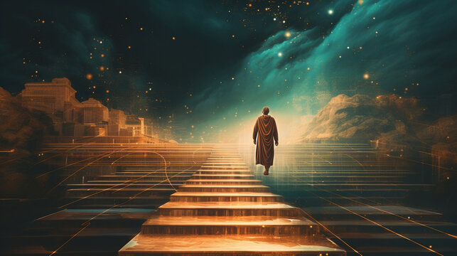 The philosopher's journey depicted in art, philosophy, blurred background