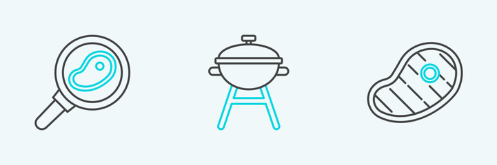Set line Steak meat, in frying pan and Barbecue grill icon. Vector