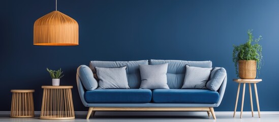 Real photo of a colorful retro living room with a wooden coffee table blue rug and couch with pillows With copyspace for text