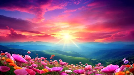 Papier Peint photo Lavable Rose  Colorful natural spring landscape with with flowers, soft selective focus