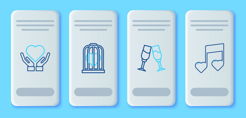 Set line Heart in the bird cage, Glass of champagne, on hand and Music note, tone with hearts icon. Vector