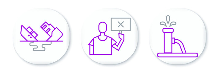 Set line Oil pump or pump jack, Wrecked oil tanker ship and Nature saving protest icon. Vector