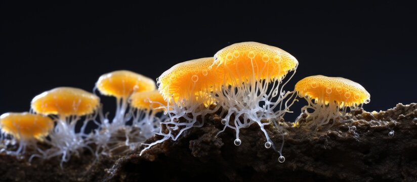 Physarum slime molds or myxomycetes form unique structures resembling striped stone These organisms collect from microscopic amoebae With copyspace for text