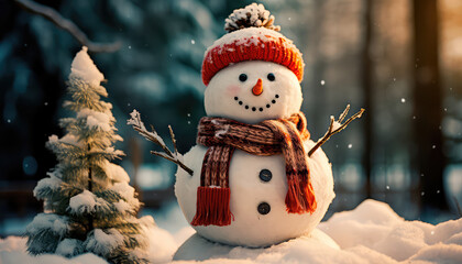 Obraz premium Snowman in a winter Christmas scene with snow, pine trees and warm light. Generative AI
