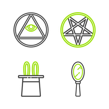Set line Magic hand mirror, Magician hat rabbit ears, Pentagram in circle and Masons icon. Vector