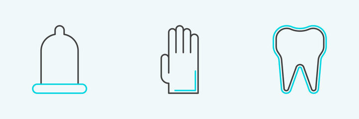 Set line Tooth, Condom and Rubber gloves icon. Vector