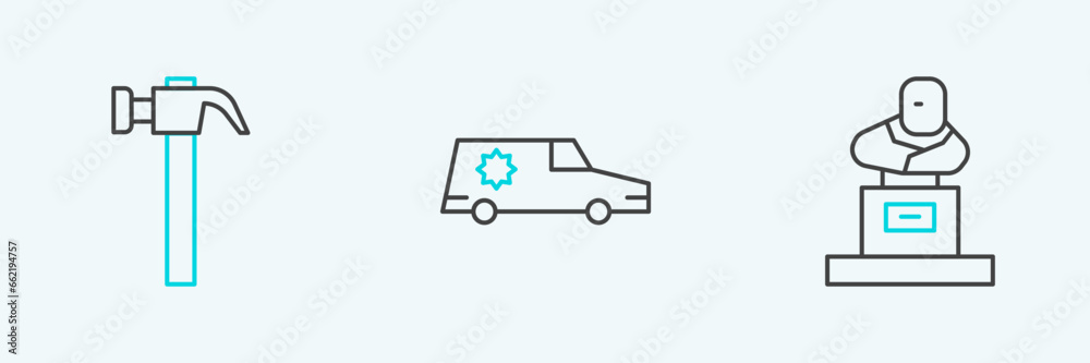 Sticker Set line Grave with tombstone, Hammer and Hearse car icon. Vector