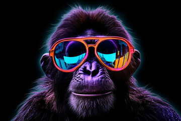 cute monkey wearing glasses combination of neon lights, black background, 3d rendering, AI generative 